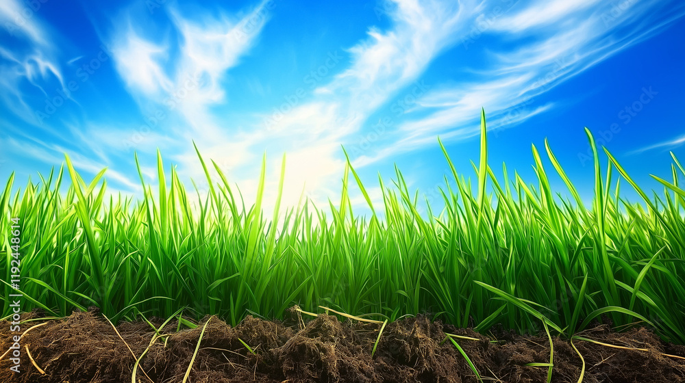 Obraz premium Summer Serenity Grass and Soil with a Radiant Blue Sky