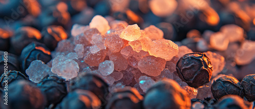 Black peppercorns and coarse salt arranged harmoniously for culinary seasoning