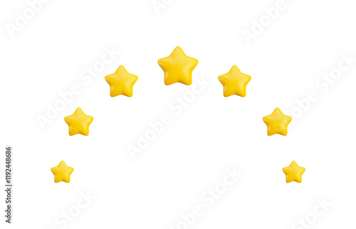 Vector cartoon 3d seven gold stars arc. Realistic 3d render game achievements concept on white background. High quality rating symbol, customer feedback sign. For web, apps, game design, print, advert