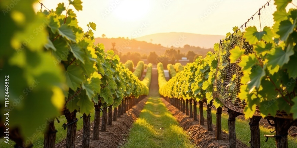 Fototapeta premium Golden Hour Vineyard Rows Lush Green Vines Basking in the Sunset's Warm Embrace