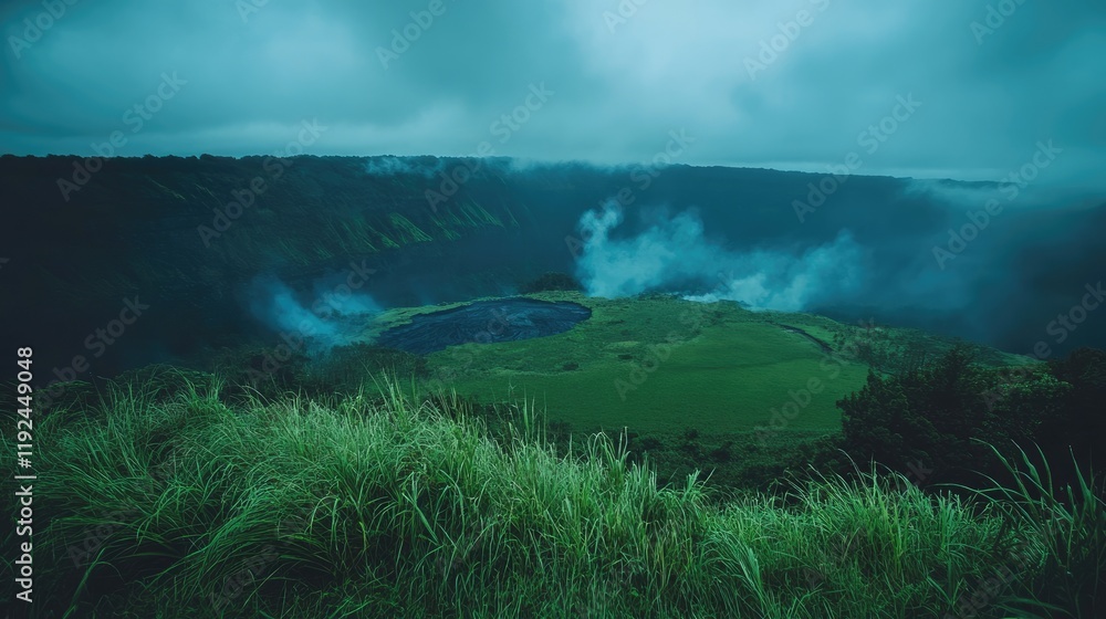 Naklejka premium Smoky clouds spreading across a landscape after a volcanic eruption.