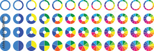 Circle pie chart diagram. 2,3,4,5,6,7,8,9,10,11,12 sections or steps. Circle section graph. Progress sectors. Colorful pie chart collection. Pie chart color icons. Segment slice sign.