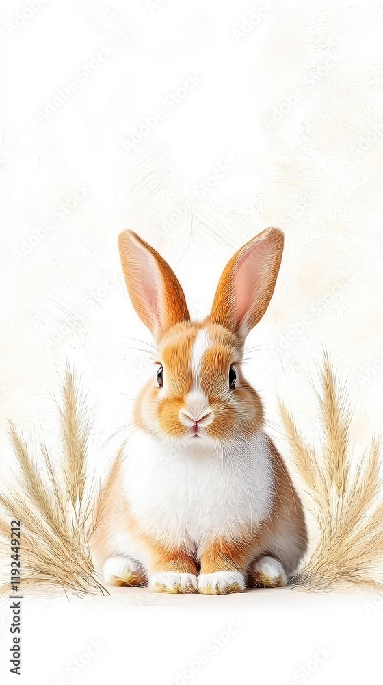 Fototapeta premium A cute rabbit sits amidst soft grasses, showcasing its fluffy fur and attentive expression in a serene, minimalist setting.