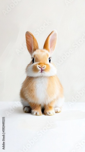 A cute, fluffy rabbit sits upright against a light background, showcasing its soft fur and expressive eyes.