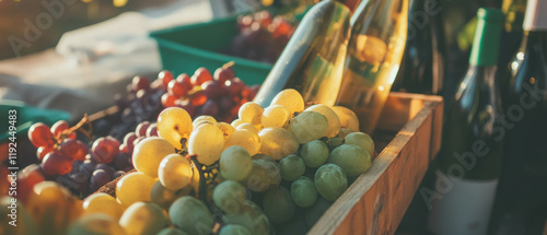 Refreshing summer gathering with bottles of chilled white wine and fresh grapes