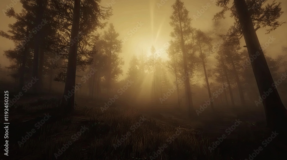 Sunset rays piercing through fog and illuminating the forest floor. Sunset rays piercing through fog and illuminating the forest floor.