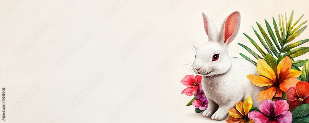 Obraz premium A cute white rabbit surrounded by vibrant tropical flowers against a soft, neutral background.