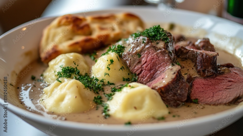 Gourmet Beef Tenderloin with Creamy Mushroom Sauce, Potato Dumplings, and Crusty Bread Gourmet Beef Tenderloin with Creamy Mushroom Sauce, Potato Dumplings, and Crusty Bread