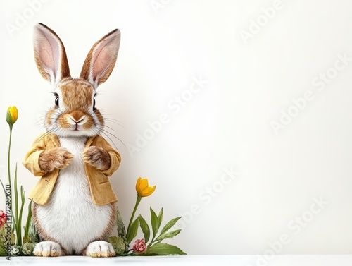 A charming rabbit in a yellow jacket stands among colorful flowers against a plain background, exuding a whimsical, springtime vibe.