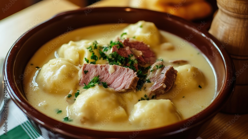 Creamy Potato Dumplings with Meat in a Rustic Bowl Creamy Potato Dumplings with Meat in a Rustic Bowl
