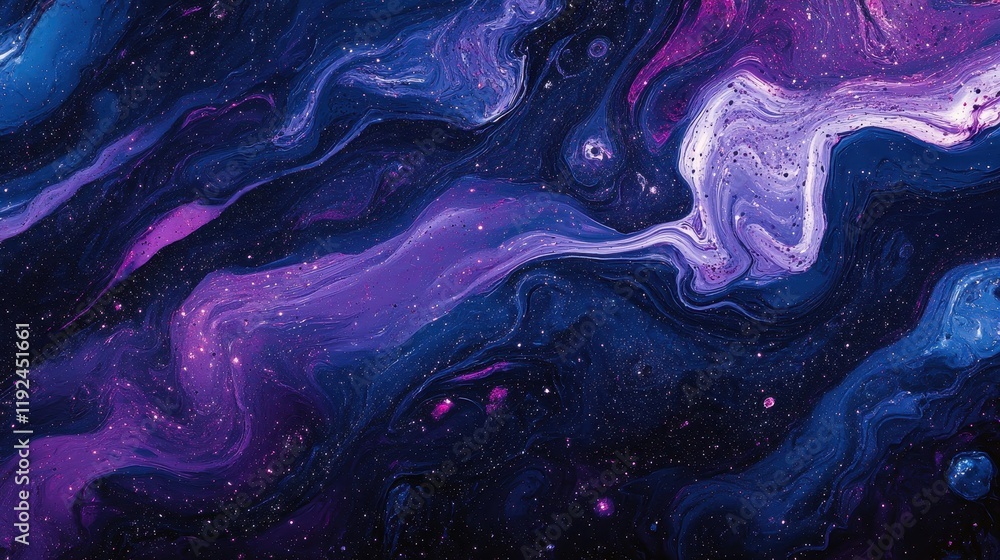 Obraz premium Abstract Swirl of Galactic Colors Deep Blue and Violet Nebula with Sparkling Stars, Fluid Art Texture.