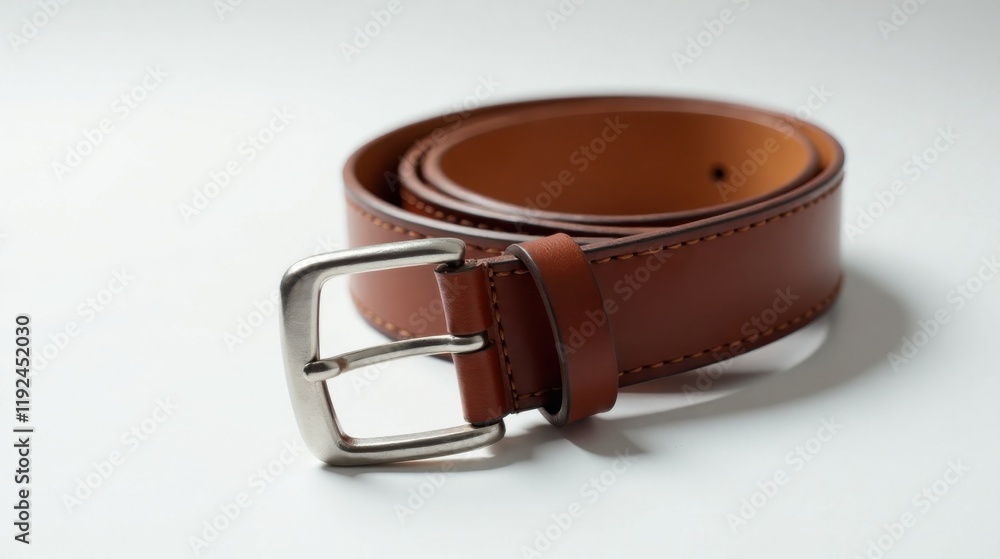 Brown Leather Belt with Silver Buckle on White Background A Classic Accessory for Men Brown Leather Belt with Silver Buckle on White Background A Classic Accessory for Men
