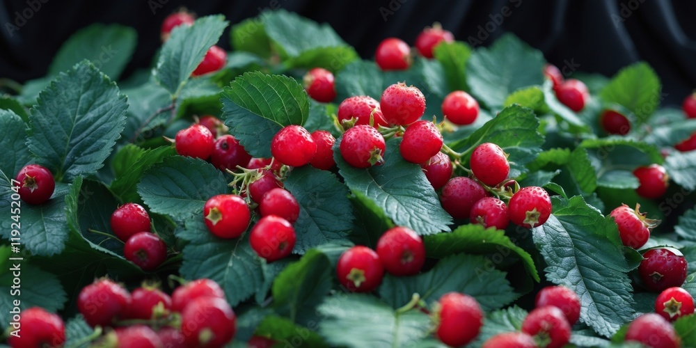 Obraz premium Vibrant Red Berries Among Lush Green Leaves on Black Background