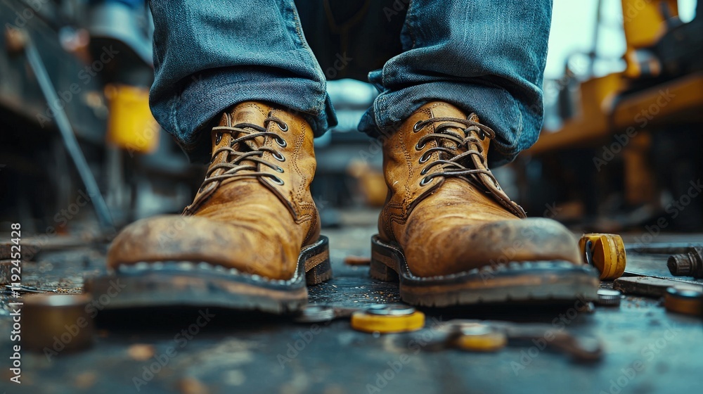 Worn leather boots, close-up view, detail of craftsmanship, worker's footwear, industrial setting, blue jeans, rugged, durable. Worn leather boots, close-up view, detail of craftsmanship, worker's footwear, industrial setting, blue jeans, rugged, durable.