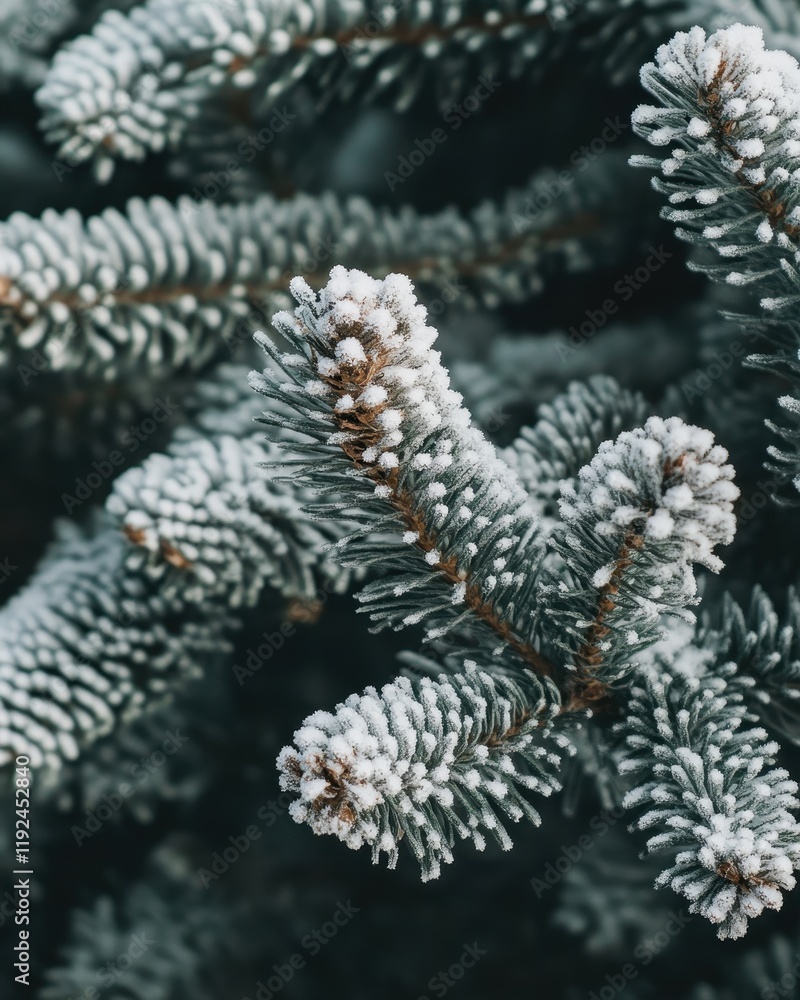 Close-up of Frosted Evergreen Tree Branches with Detailed Ice Crystals. Close-up of Frosted Evergreen Tree Branches with Detailed Ice Crystals.