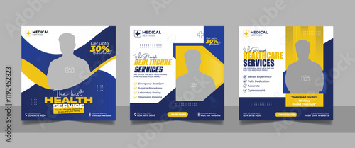Medical healthcare service social media post doctor consultation square banner, hospital clinic diagnostic center business promotion design web template set