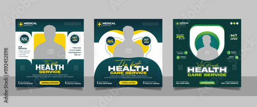 Medical healthcare service social media post doctor consultation square banner, hospital clinic diagnostic center business promotion design web template set