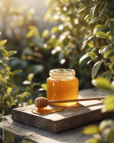 Jar of honey with wooden dipper on a wooden board surrounded by greenery for gourmet food concept photo