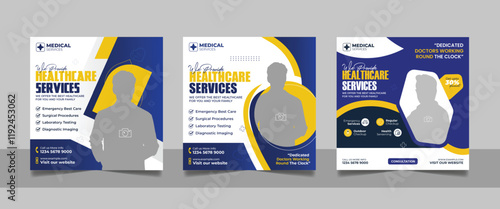 Medical healthcare service social media post doctor consultation square banner, hospital clinic diagnostic center business promotion design web template set