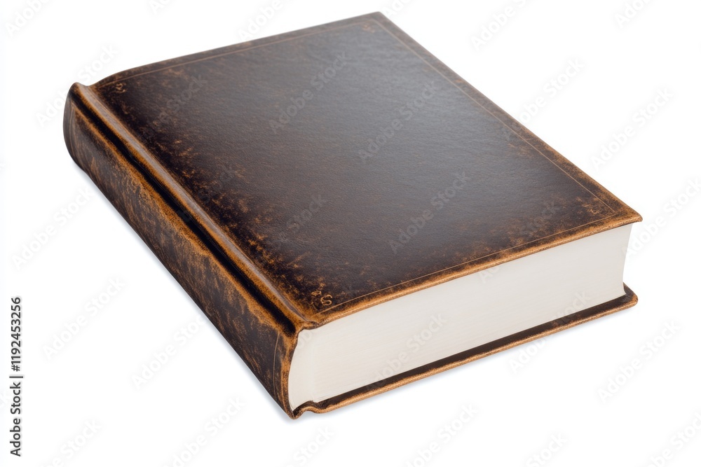 A closed book with a brown cover sits on a white surface A closed book with a brown cover sits on a white surface