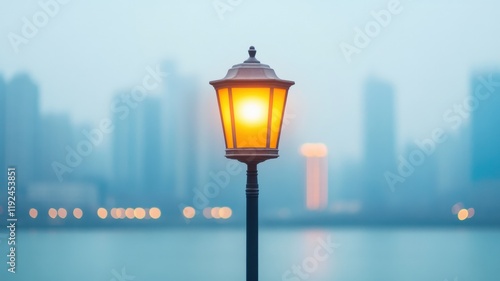 Illuminated streetlamp on urban waterfront artistic photography soft focus minimalist aesthetic