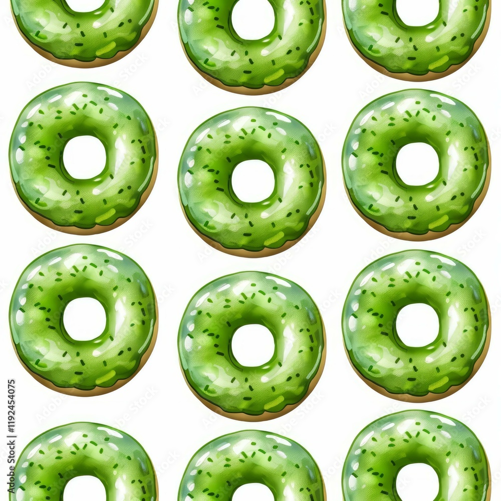Fototapeta premium Seamless pattern of appetizing matcha donuts with green glaze and sprinkles, creating a delightful and tempting design