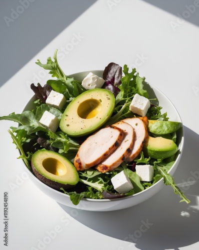 Vibrant fresh salad featuring sliced chicken and creamy avocado garnished with leafy greens and cheese cubes photo