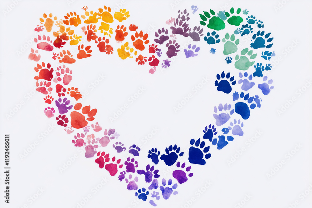 A heart made entirely of colorful paw prints, postcard design with empty space for greeting. Valentine concept, veterinary A heart made entirely of colorful paw prints, postcard design with empty space for greeting. Valentine concept, veterinary