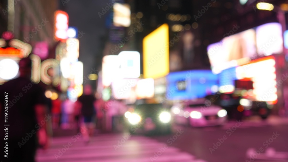 Fototapeta premium New York City Times Square Manhattan Midtown Broadway street, USA. American NYC urban life. Defocused people pedestrians, zebra crosswalk. Road traffic. Advertising signs, commercial billboard screens