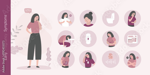 Early pregnancy symptoms. Pregnant woman, infographic with symptom signs - pain, problems sick health, diarrhea, bleeding period vomiting.