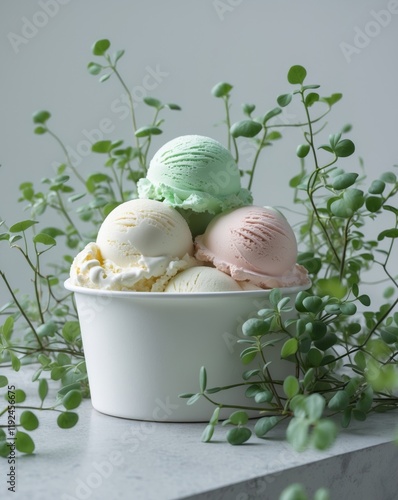 Ice cream scoops in a tub surrounded by plants for dessert concept photo