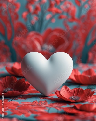 Elegant White Heart on a Red Floral Background photo