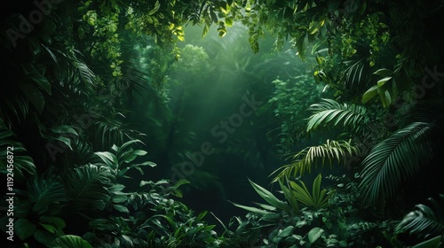 Fototapeta Naklejka Na Ścianę i Meble -  Lush Tropical Rainforest Canopy with Sunlight Streaming Through Leaves.