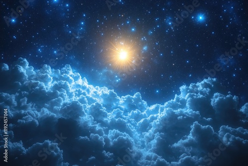 A bright star shines brightly in the night sky, perfect for use in astronomy or space-related projects
