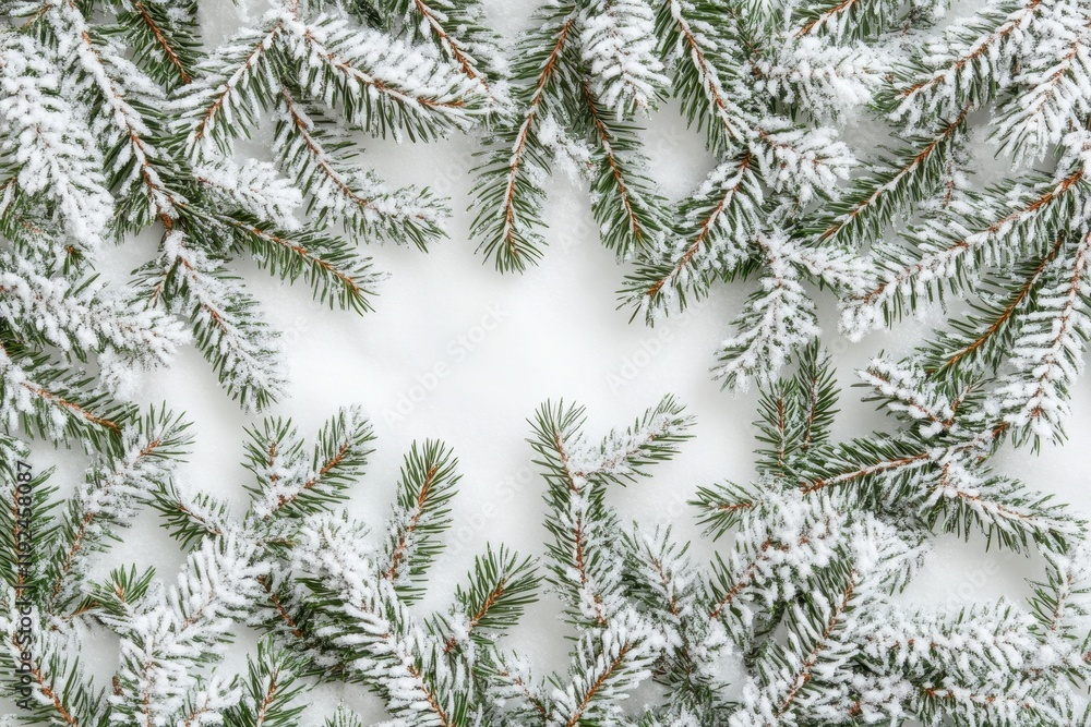 Snow-Dusted Fir Branches Forming a Natural Frame on White Background. Snow-Dusted Fir Branches Forming a Natural Frame on White Background.