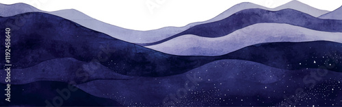 Watercolor background. Deep navy and pale lavender watercolor texture on paper. A minimalist curve of sand dunes with tiny star-like dots above at the bottom
