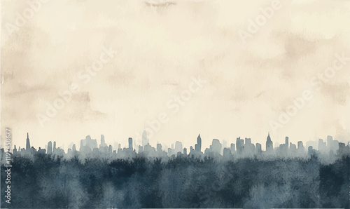 watercolor background, warm gray and muted blue texture on paper. A simple silhouette of distant city buildings at the bottom 