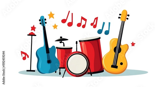 Cheerful Vector Music Instruments with Colorful Notes and Stars photo