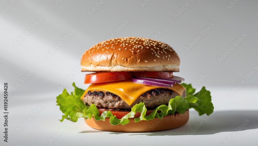 Juicy Cheeseburger with Sesame Bun and Fresh Veggies Juicy Cheeseburger with Sesame Bun and Fresh Veggies