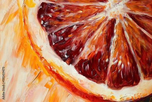 Blood orange slice, vibrant fruit artwork with warm colors highlighting juicy texture and refreshing aesthetic perfect for food, health, and beverage themes. photo