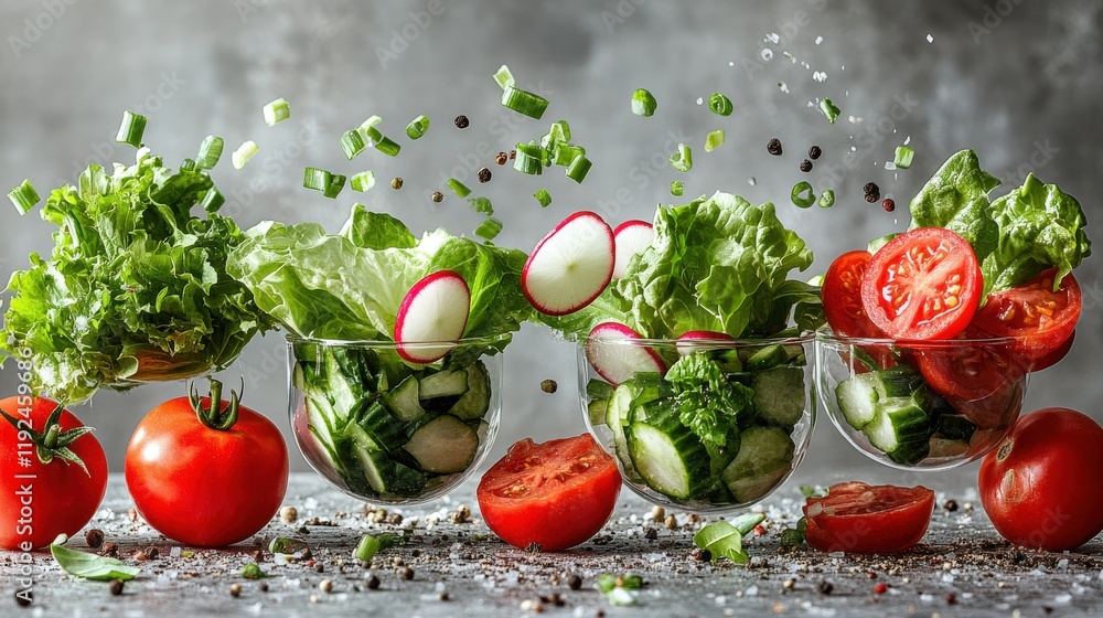 Fresh salad ingredients in mid-air, showcasing vibrant colors and textures of tomatoes, cucumbers, radishes, lettuce, and green onions.  Perfect for healthy eating, cooking, and food blogs.