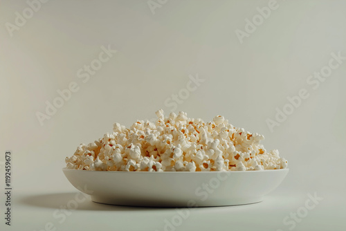 Caramel-Drizzled Popcorn Overflowing on a White Plate with Glossy Perfection photo