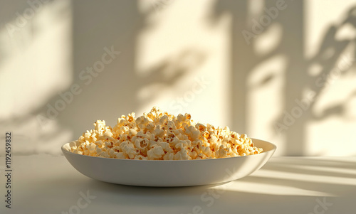 Caramel-Drizzled Popcorn Overflowing on a White Plate with Glossy Perfection photo