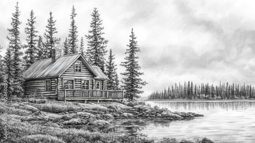 Peaceful Lakefront Log Cabin in Monochrome Peaceful Lakefront Log Cabin in Monochrome