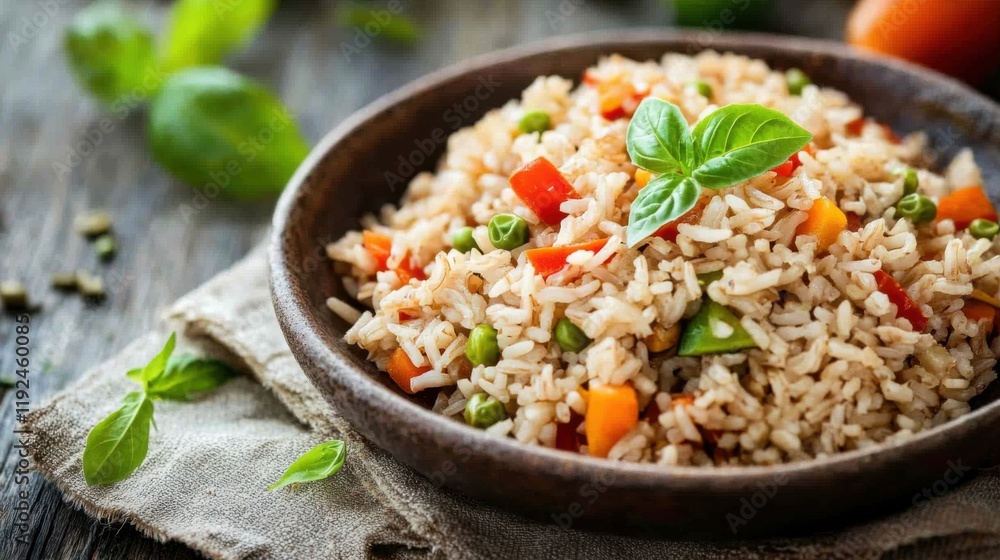 Brown rice with vegetables on a rustic ceramic plate, emphasizing wholesome and hearty appearance. Ideal for healthy meal plans and recipe sharing. Brown rice with vegetables on a rustic ceramic plate, emphasizing wholesome and hearty appearance. Ideal for healthy meal plans and recipe sharing.