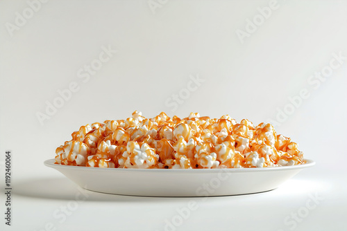 Caramel-Drizzled Popcorn Overflowing on a White Plate with Glossy Perfection photo