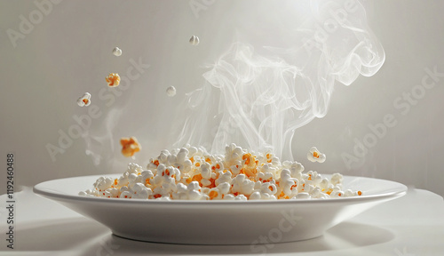 Caramel-Drizzled Popcorn Overflowing on a White Plate with Glossy Perfection photo