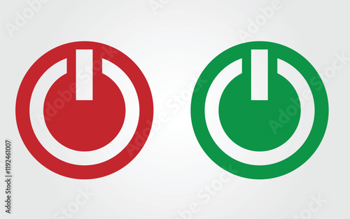 Two circular power button icons are displayed. One is red, the other green. Both feature a white, stylized power symbol within a circular outline, set against a light gray background.