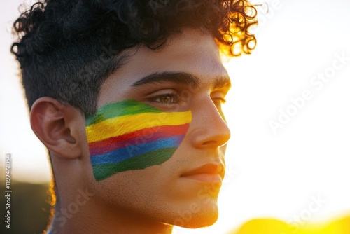 A person with a colorful rainbow design painted on their face, perfect for festivals or creative events photo