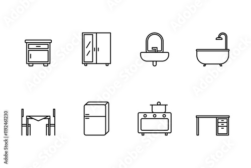 Home Furniture Line Icons Set. Stylish Home and Interior Design Elements